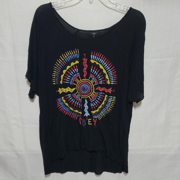 Obey Tops - Obey Black Tee with Colorful Graphic